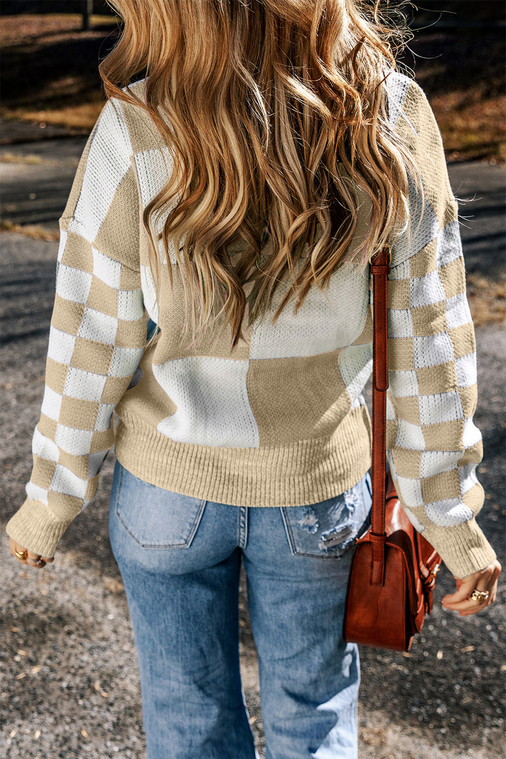 Black Checkered Print Drop Shoulder Sweater