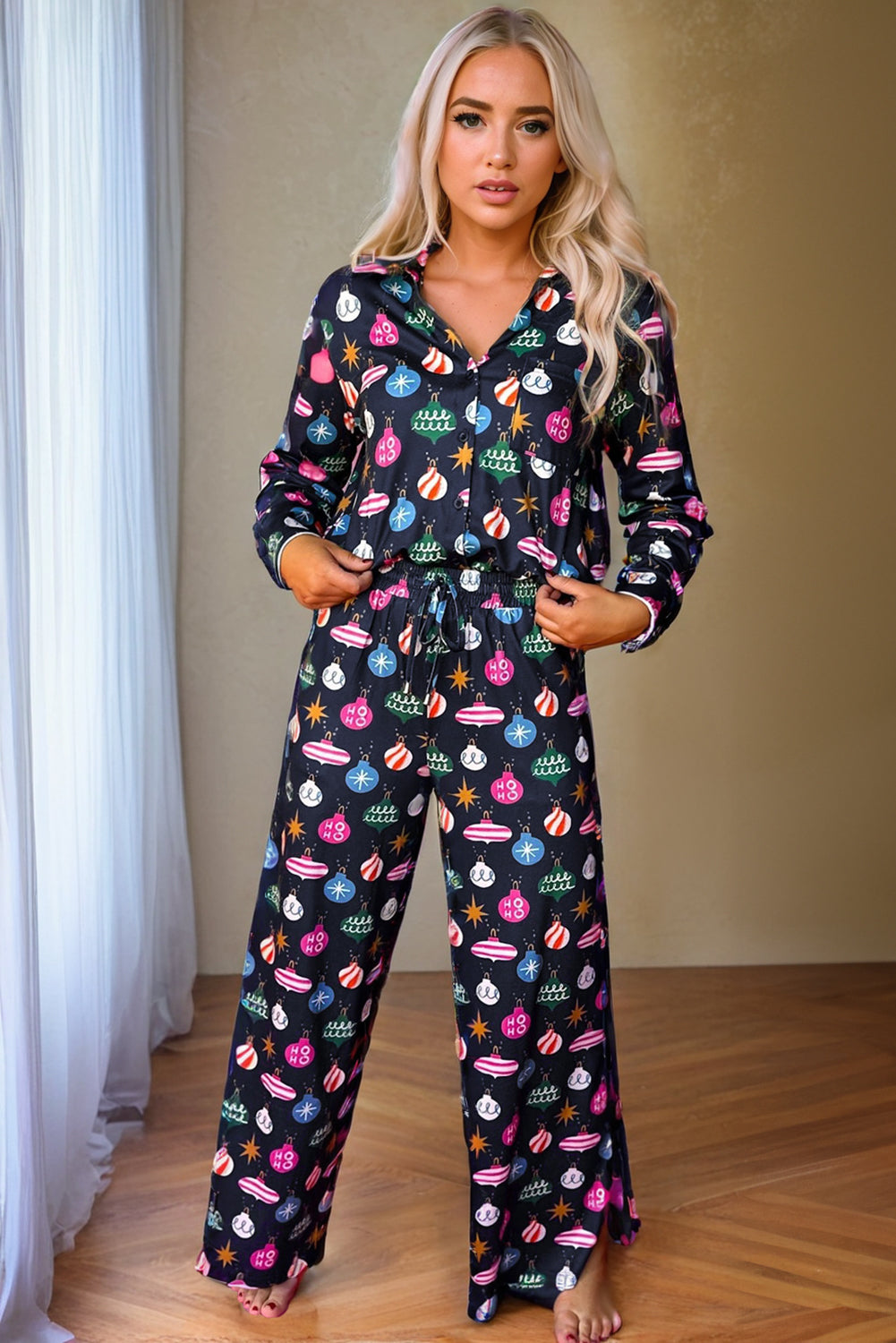 Navy Blue Colorful Christmas Lights Print Shirt and Pants Pajama Set