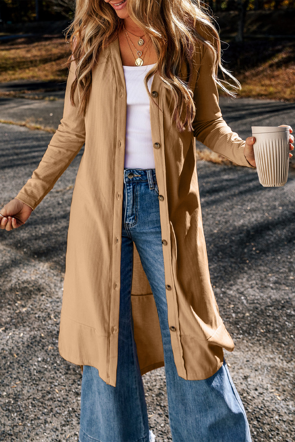 Light French Beige Ribbed Button-Up Split Duster Cardigan