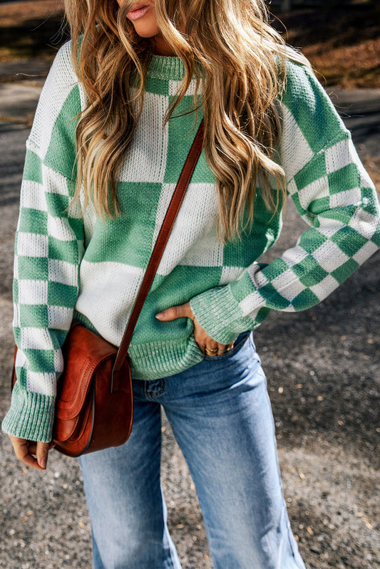 Black Checkered Print Drop Shoulder Sweater