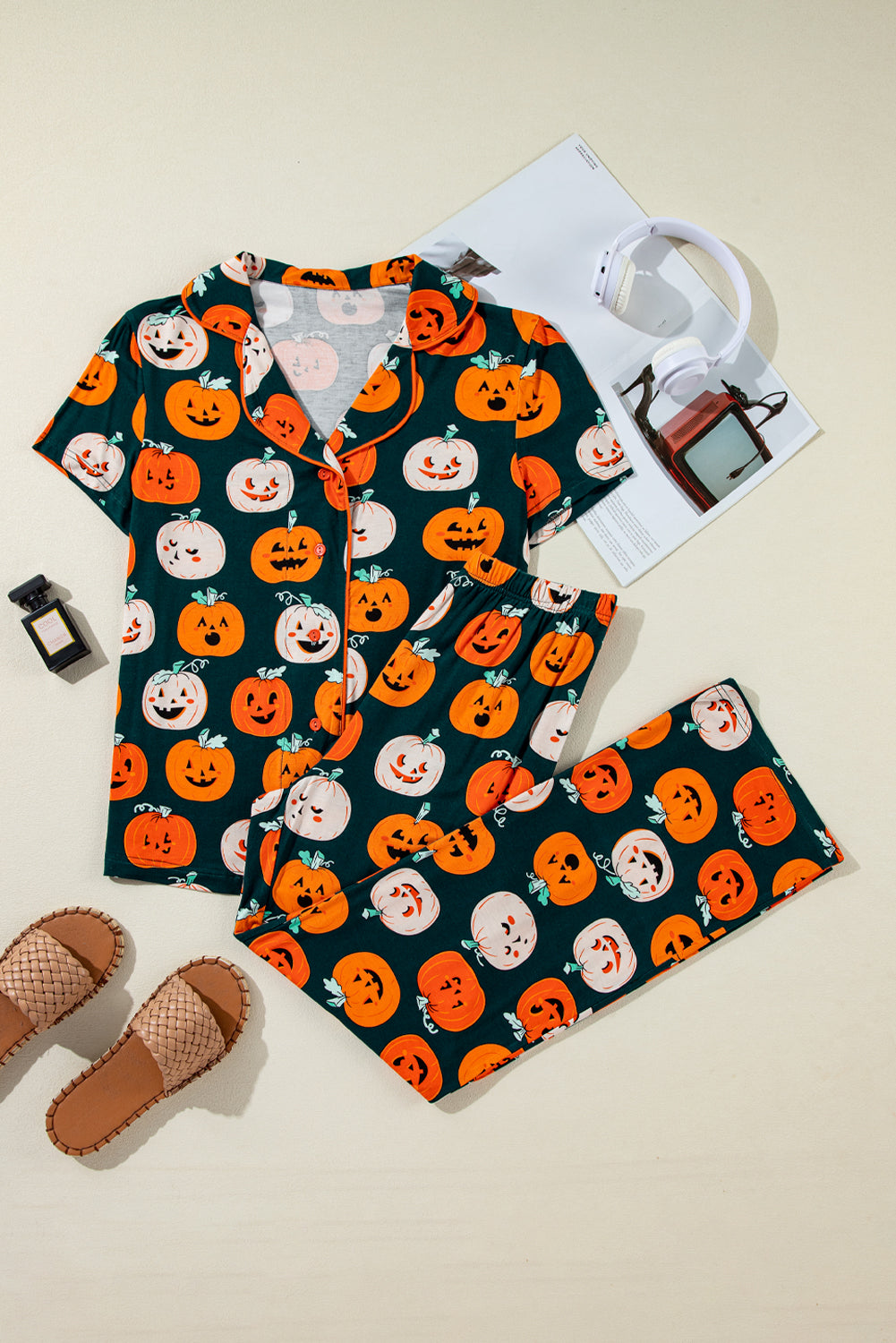 Orange Halloween Pattern Short Sleeve Shirt Pajama Set