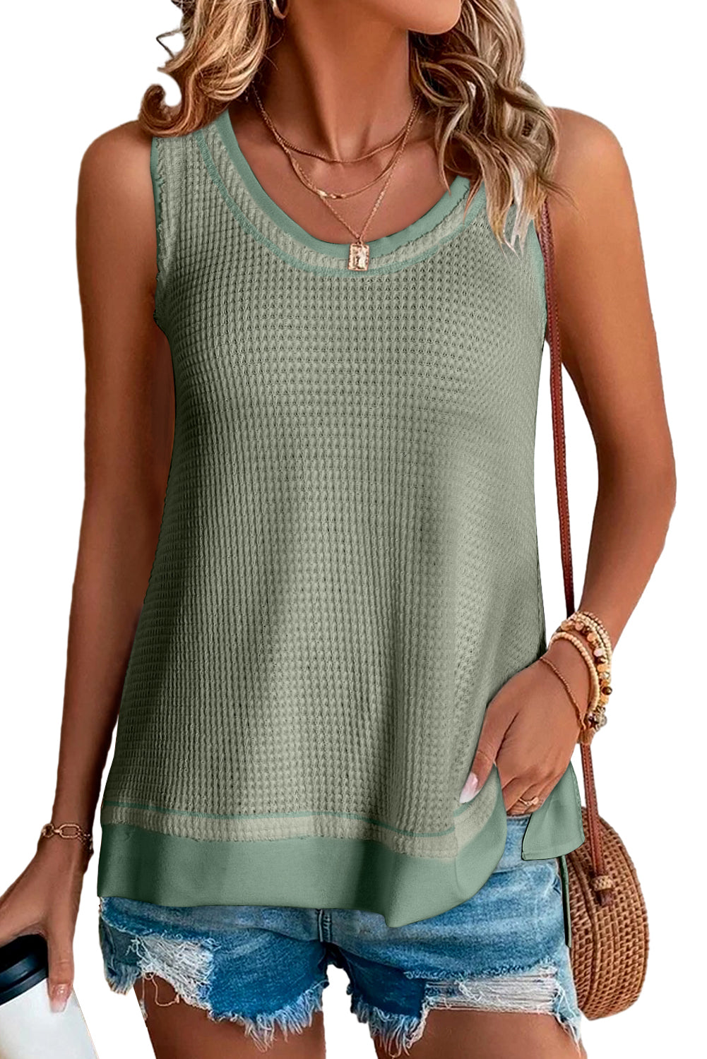 Real Teal Scoop Neck Waffle Knit Flowy Vest