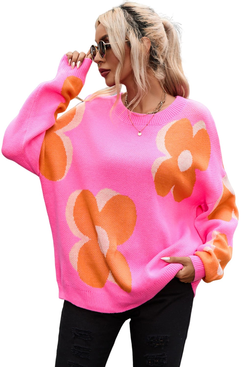 Camel Flower Pattern Slouchy Sweater