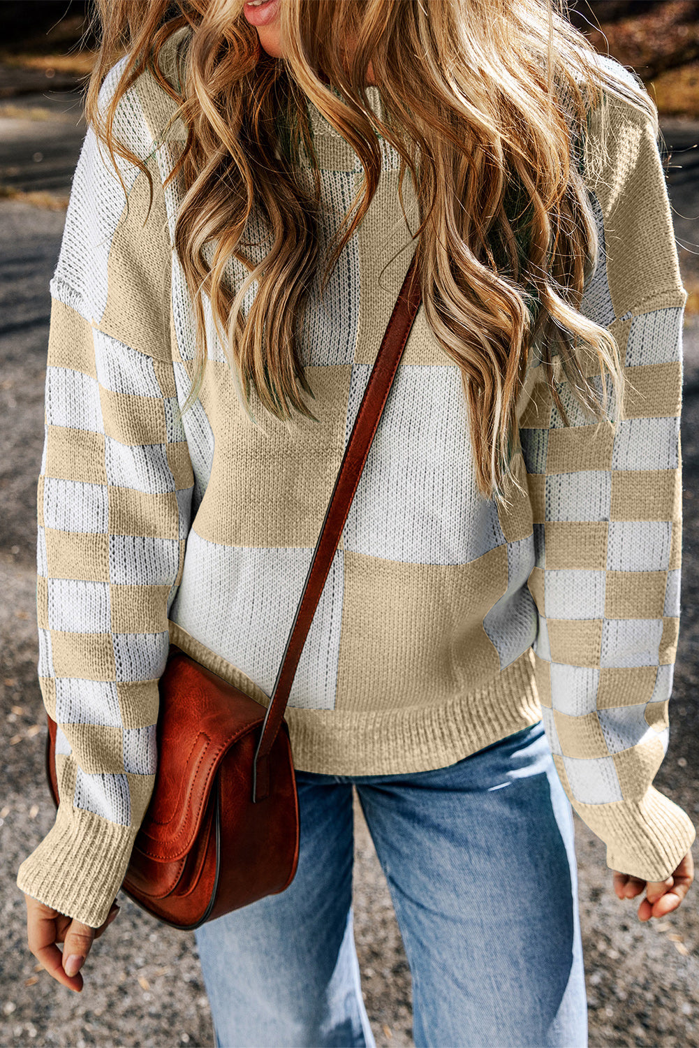 Black Checkered Print Drop Shoulder Sweater