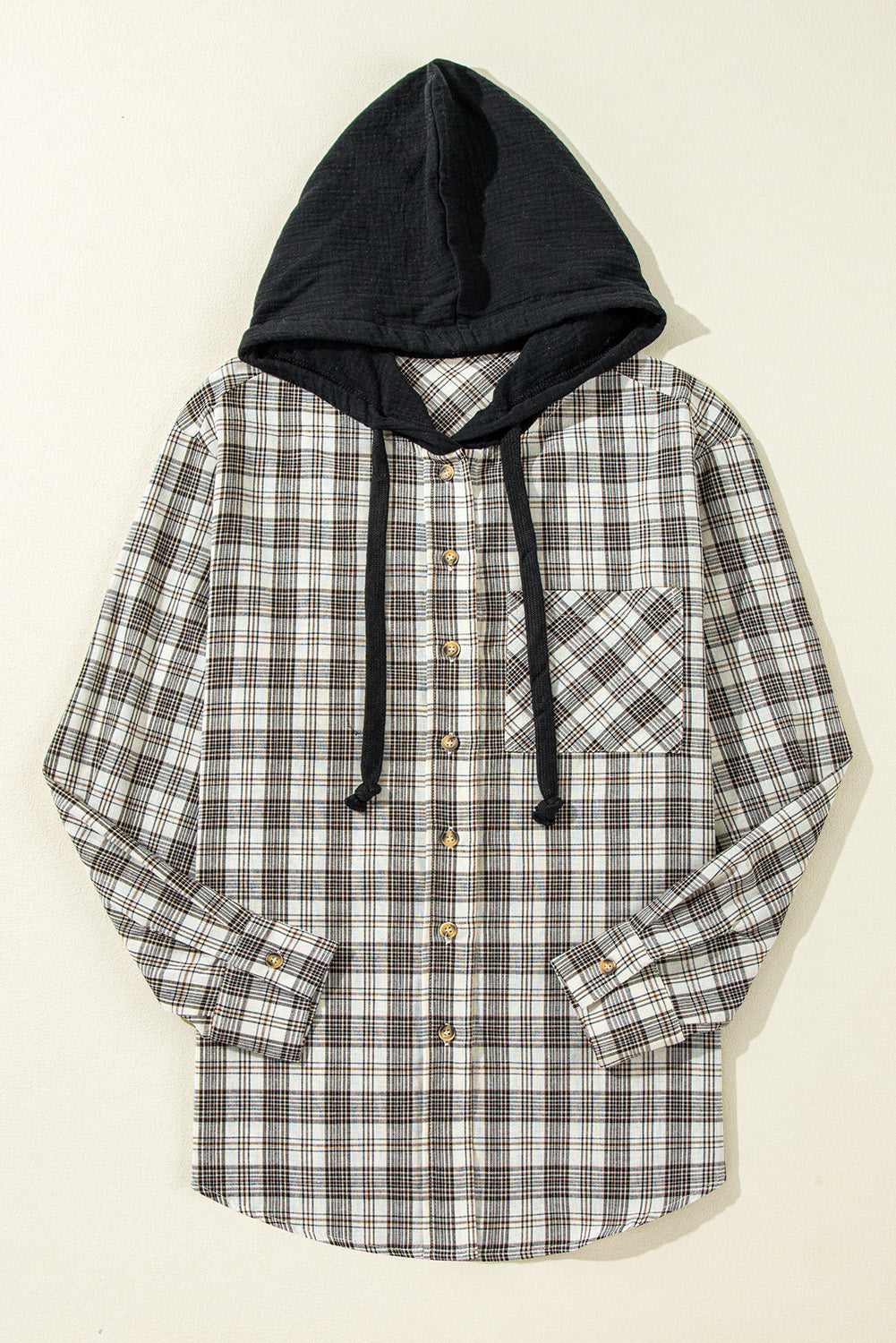 Black Checkered Print Loose Fit Buttoned Hooded Shacket