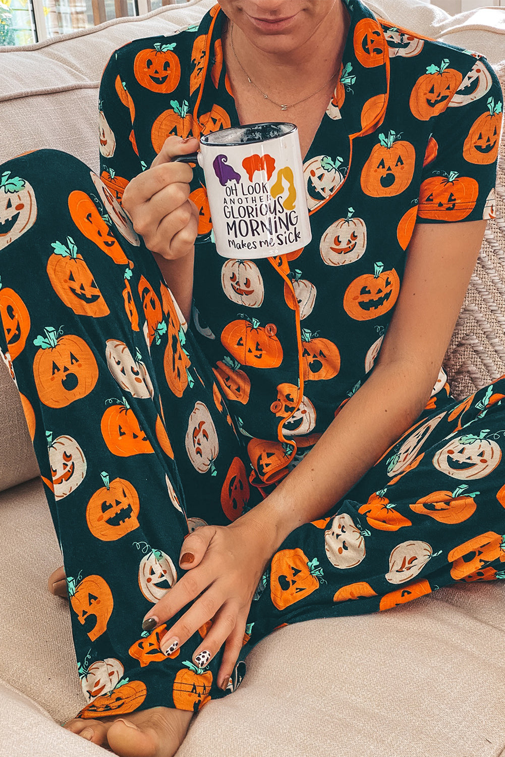 Orange Halloween Pattern Short Sleeve Shirt Pajama Set