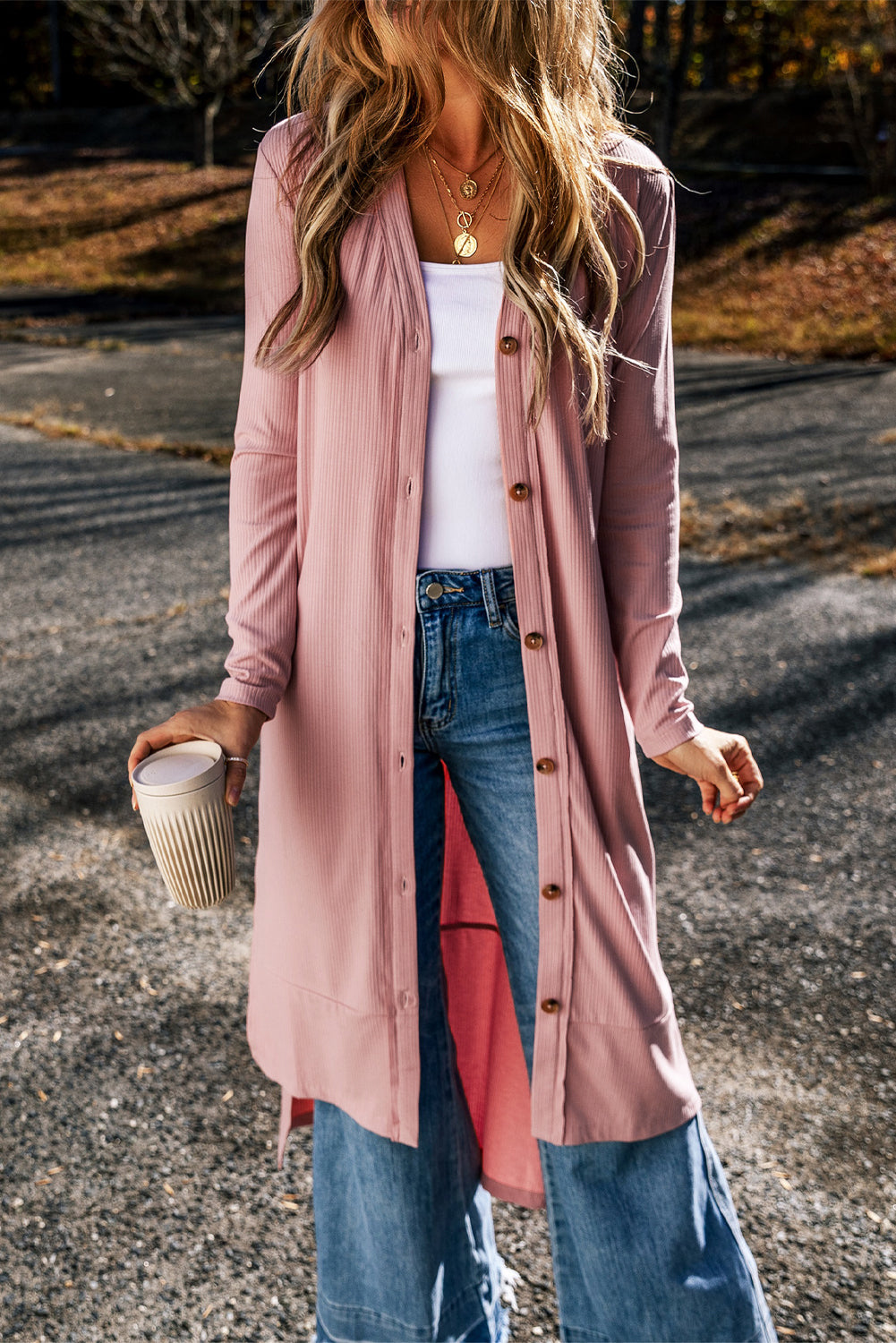 Light French Beige Ribbed Button-Up Split Duster Cardigan