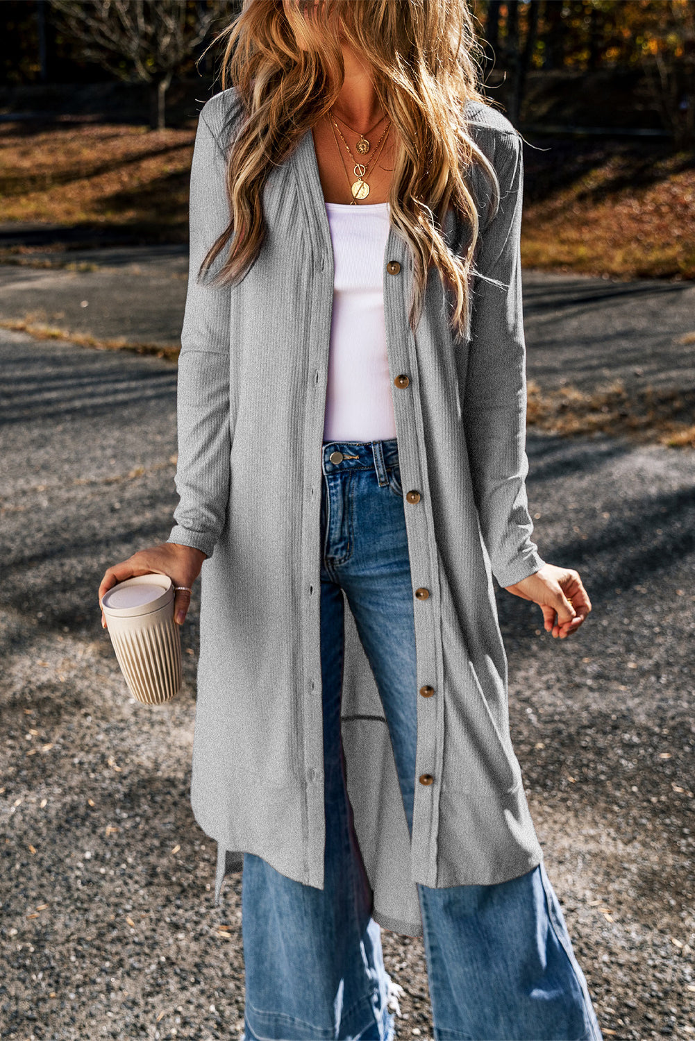 Light French Beige Ribbed Button-Up Split Duster Cardigan