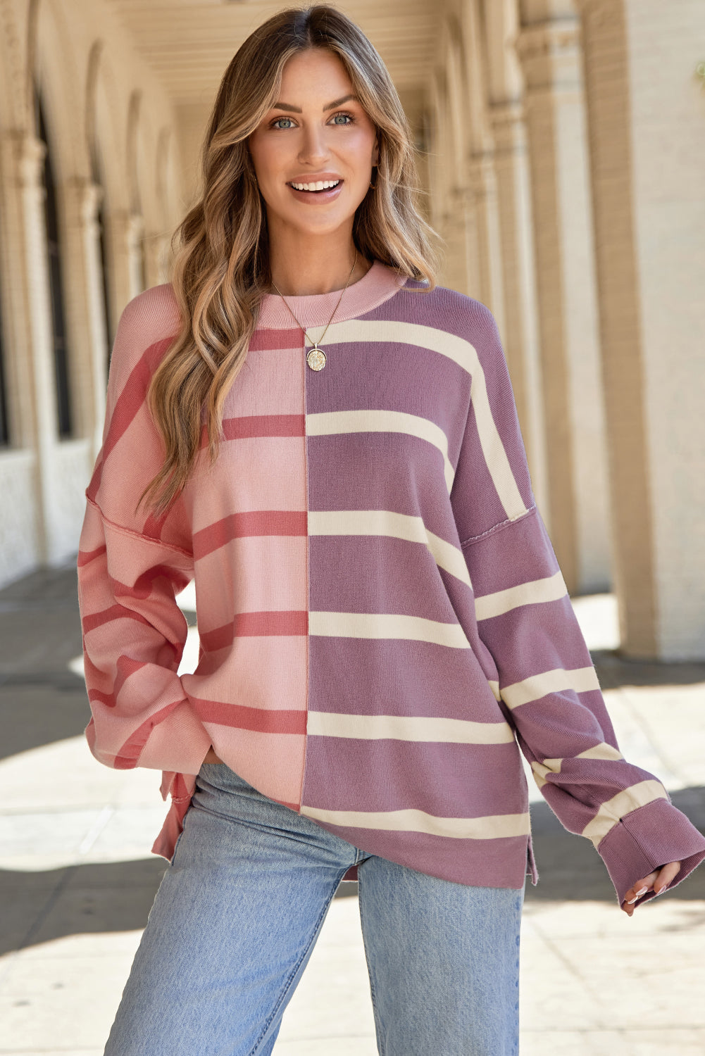 Blue Stripe Colorblock Oversized Sweater