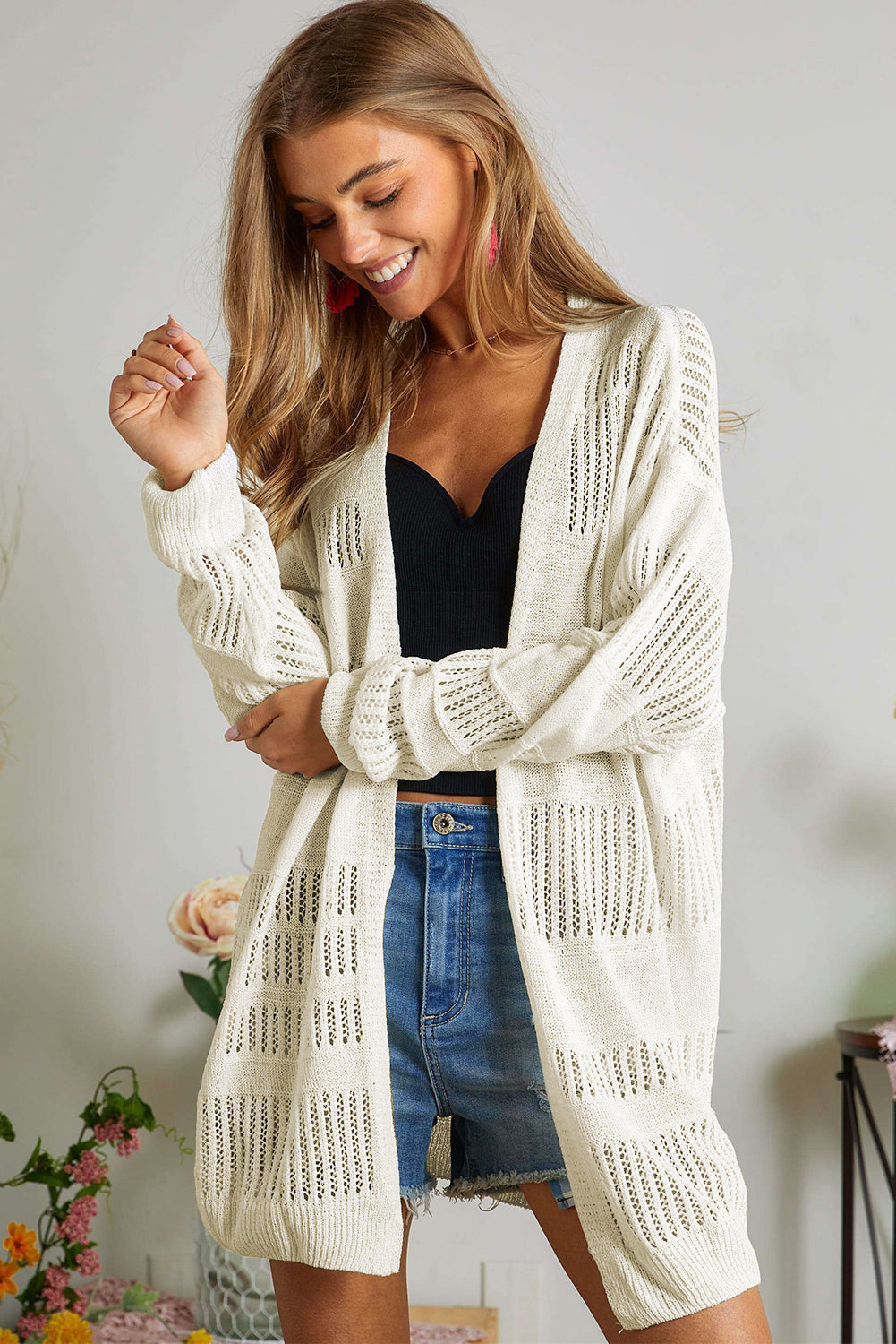 White Solid Color Lightweight Open Knit Tunic Cardigan