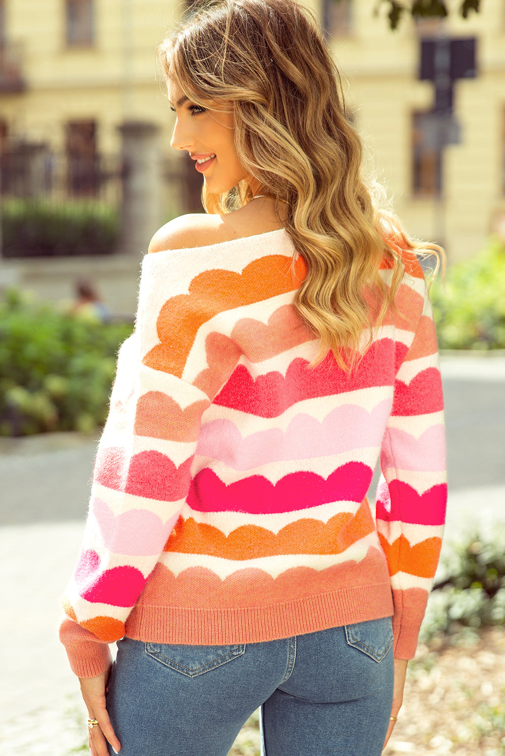 Yellow Wave Striped Balloon Sleeve Drop Shoulder Sweater