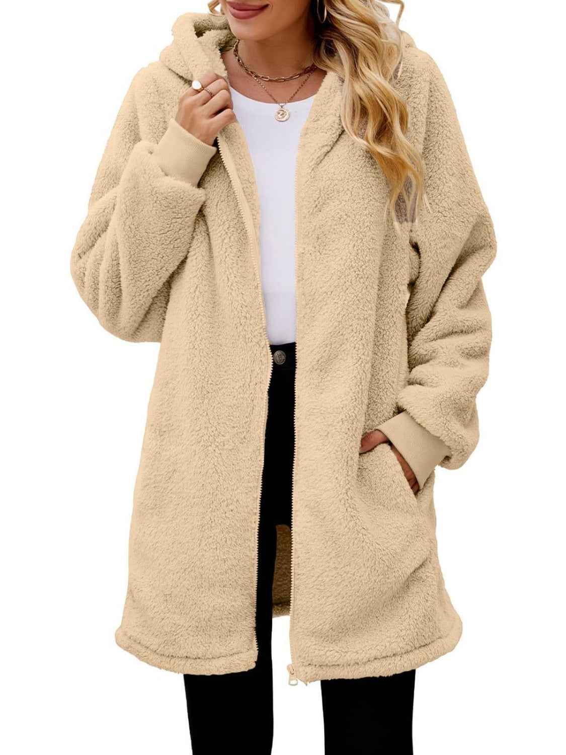 Fuzzy Pocketed Zip Up Long Sleeve Hooded Jacket