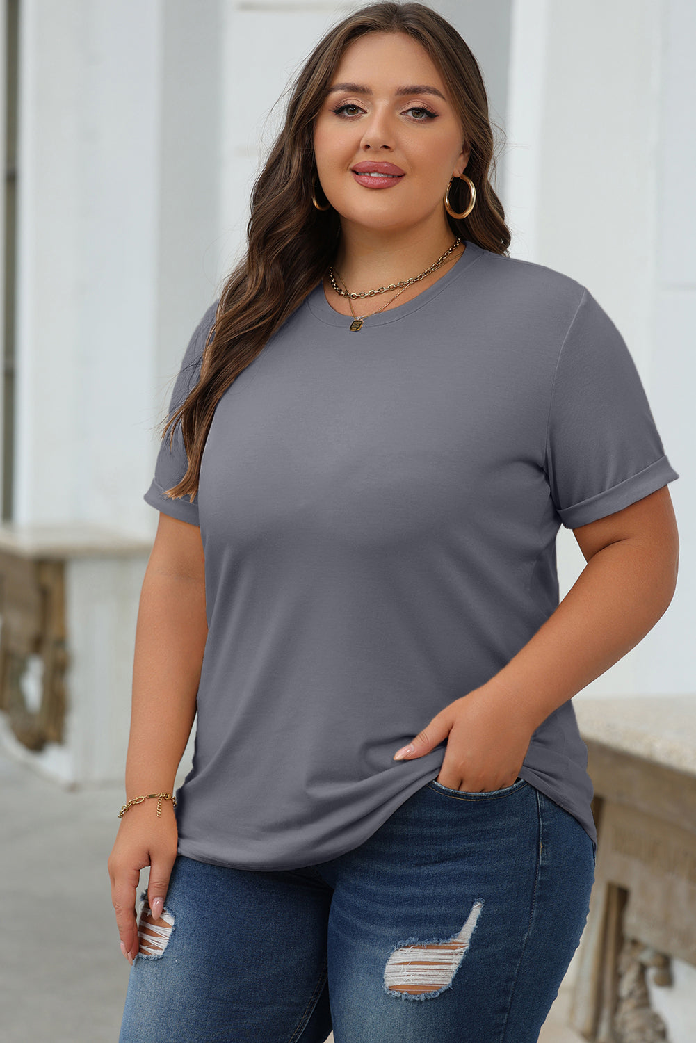 White Casual Plain Crew Neck Tee