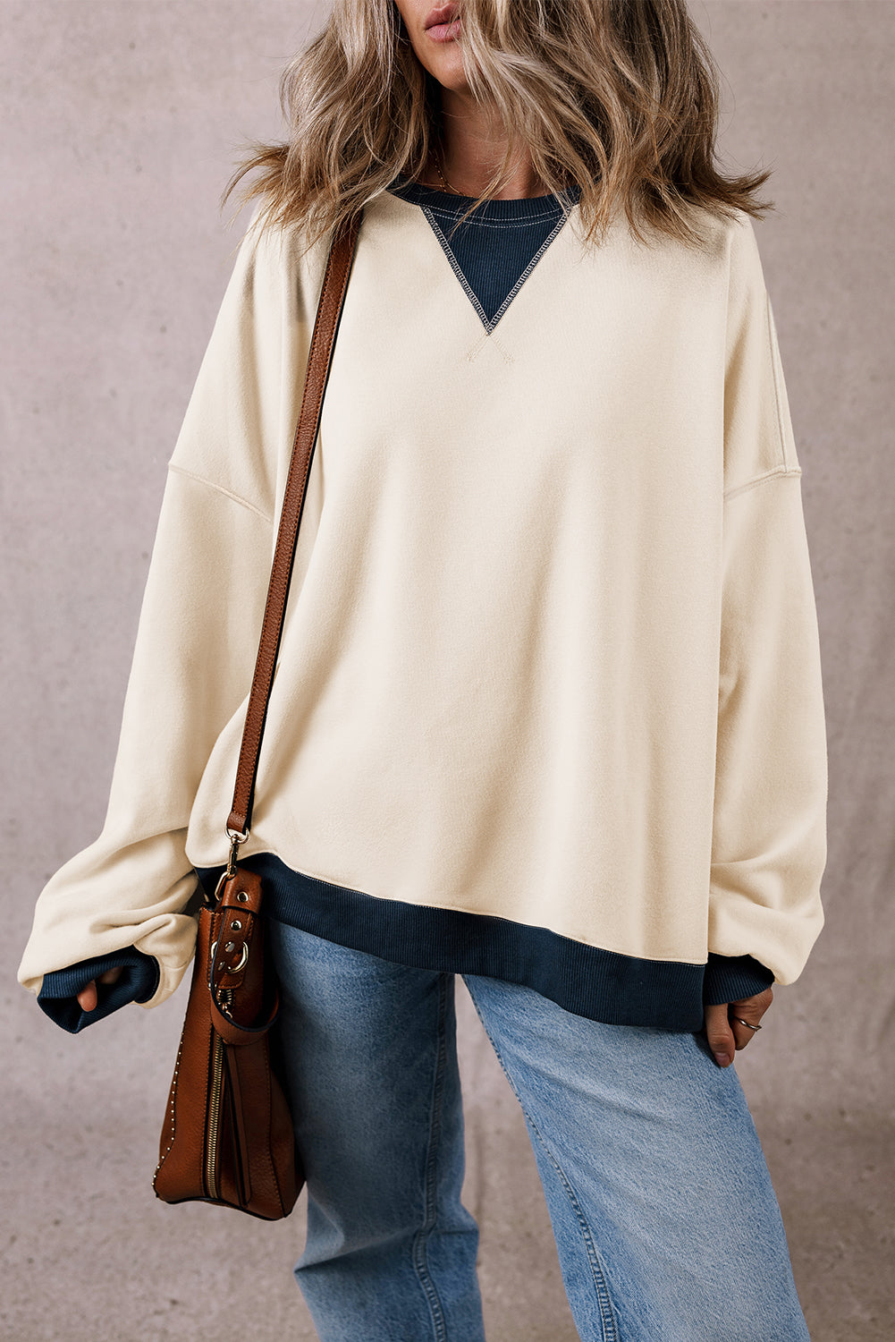 Red Clay Color Block Patch Drop Shoulder Oversized Sweatshirt