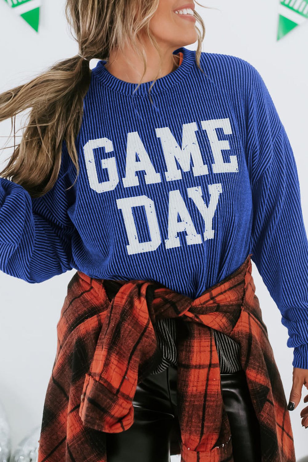 Bluing Corded GAME DAY Graphic Long Sleeve Crewneck Top