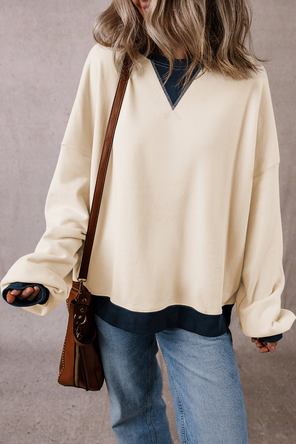 Red Clay Color Block Patch Drop Shoulder Oversized Sweatshirt