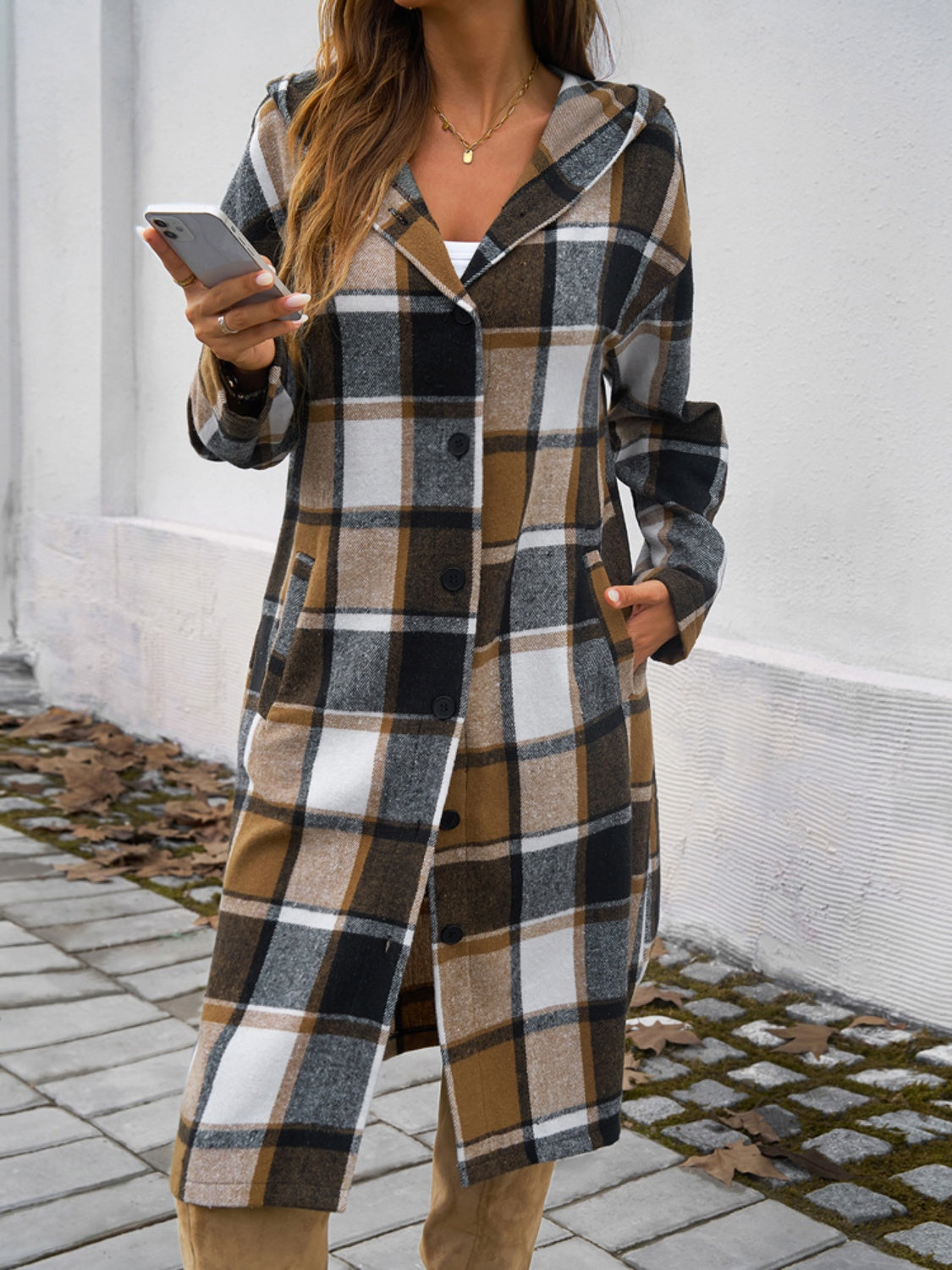 Plaid Long Sleeve Hooded Coat