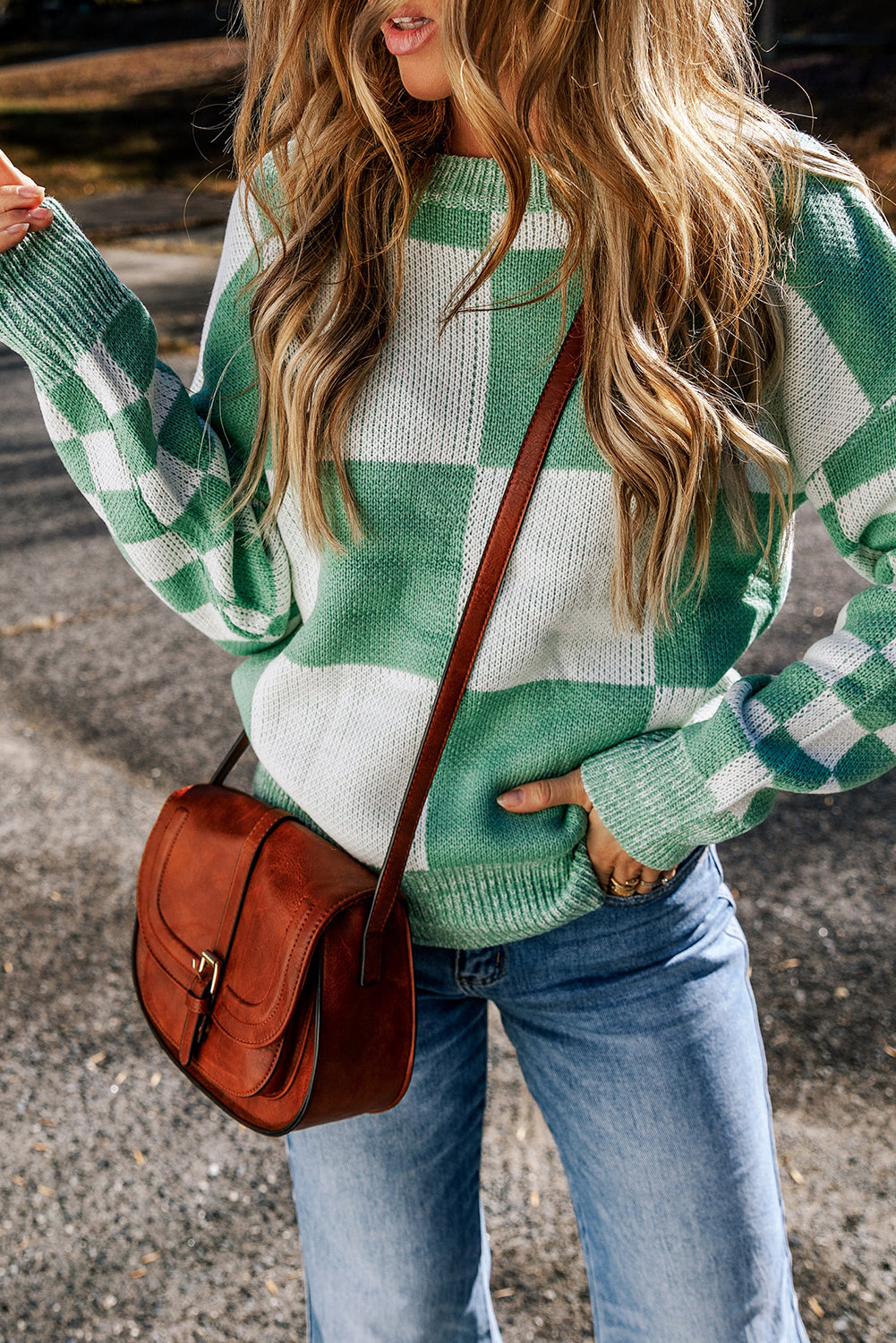 Black Checkered Print Drop Shoulder Sweater