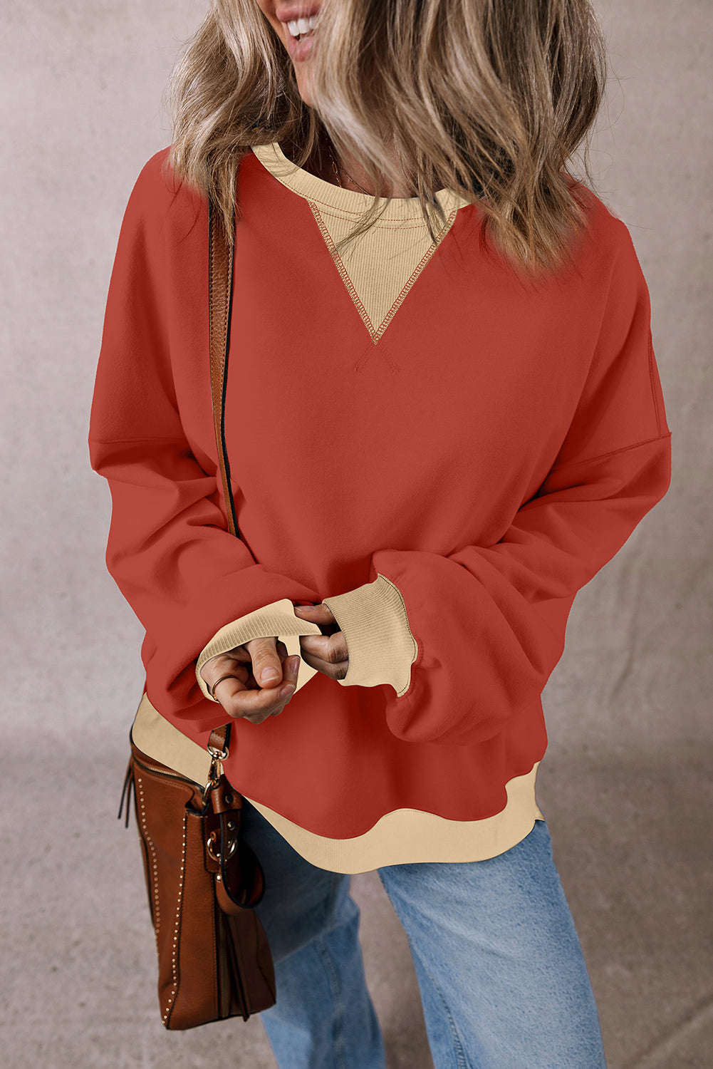 Red Clay Color Block Patch Drop Shoulder Oversized Sweatshirt