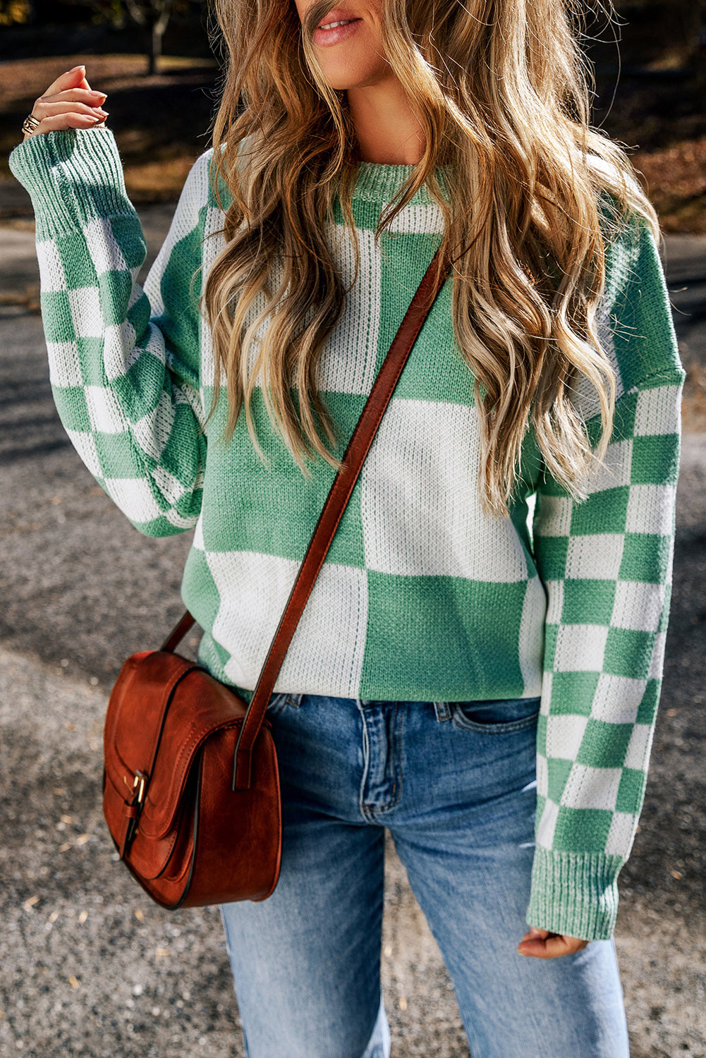 Black Checkered Print Drop Shoulder Sweater