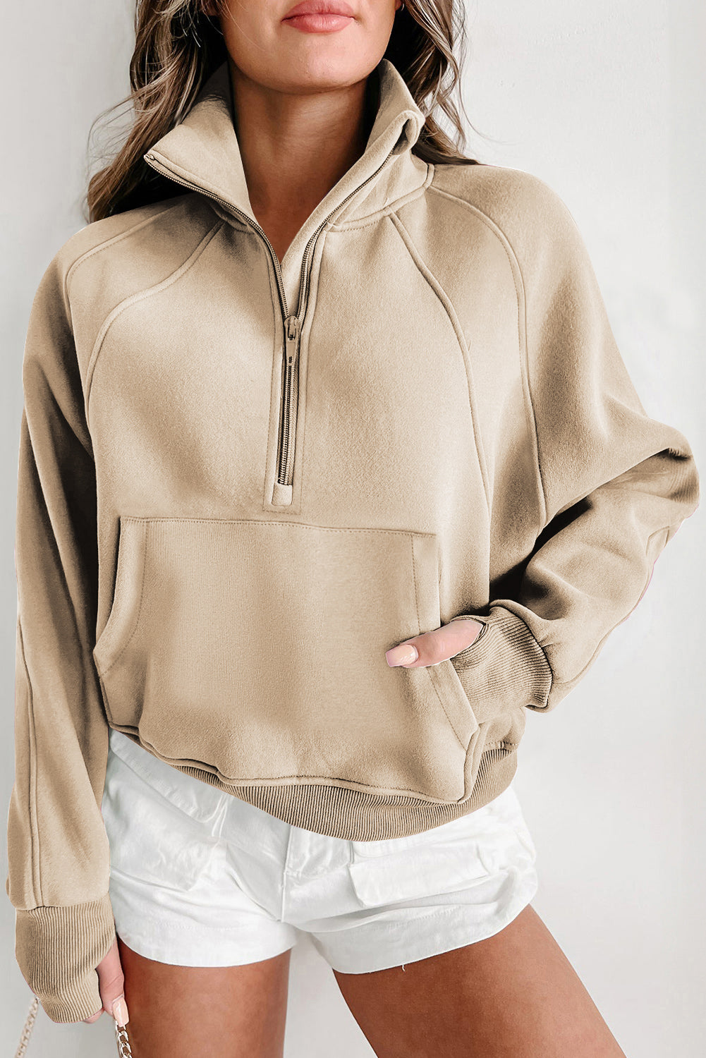 Parchment Fleece Lined Zip Up Stand Collar Thumbhole Sleeve Sweatshirt