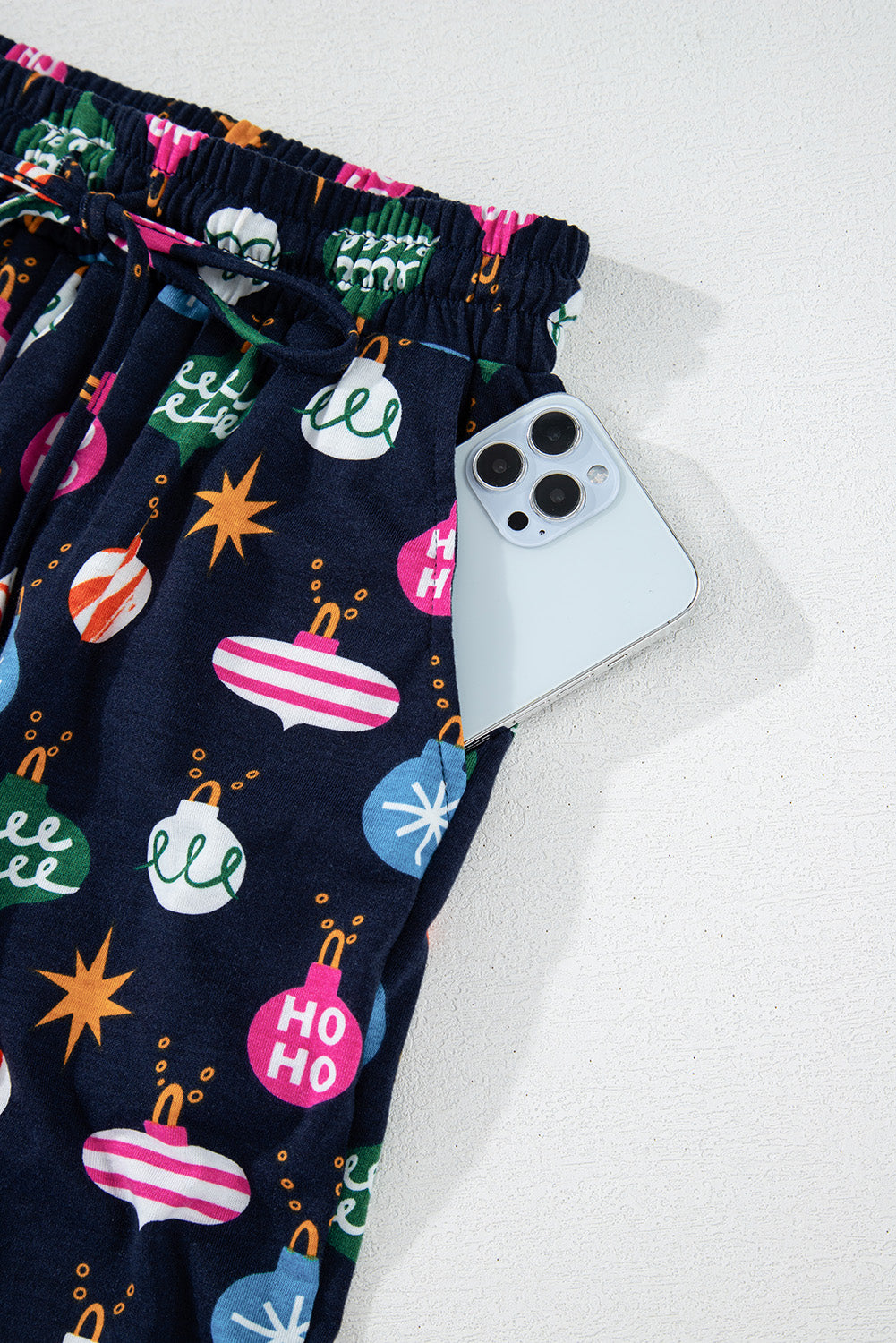 Navy Blue Colorful Christmas Lights Print Shirt and Pants Pajama Set