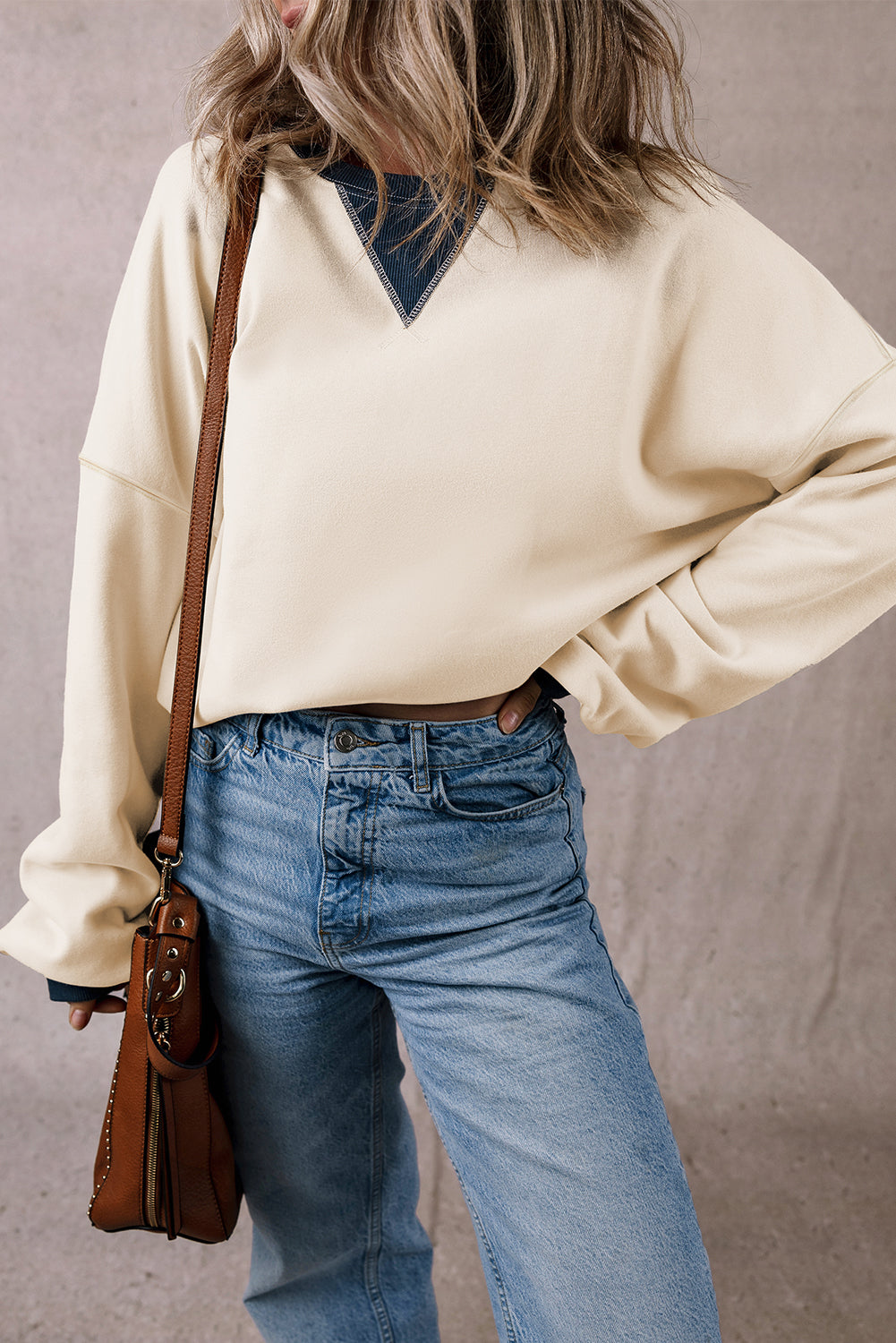 Red Clay Color Block Patch Drop Shoulder Oversized Sweatshirt