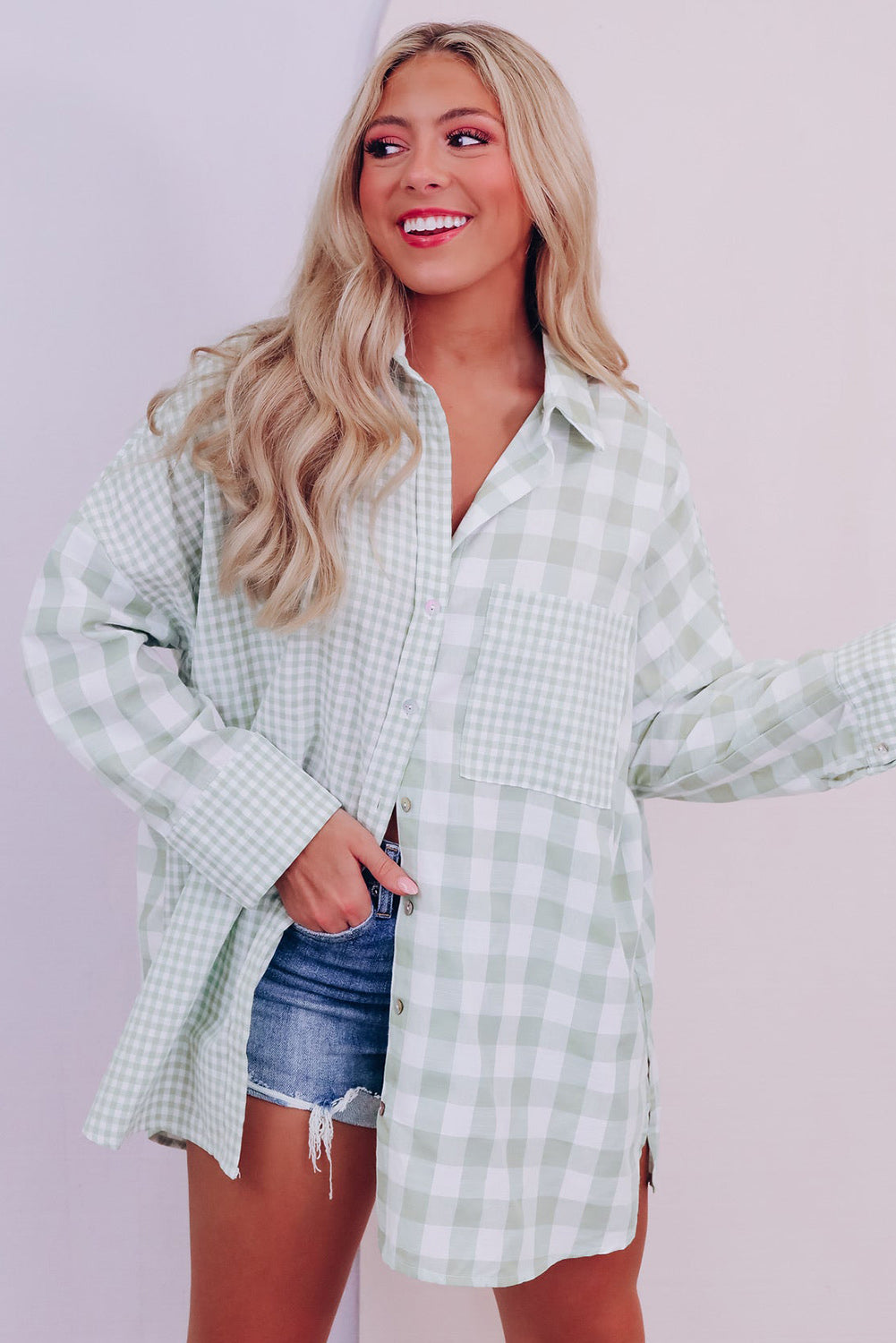 Green Mix Checked Patchwork Long Sleeve Shirt