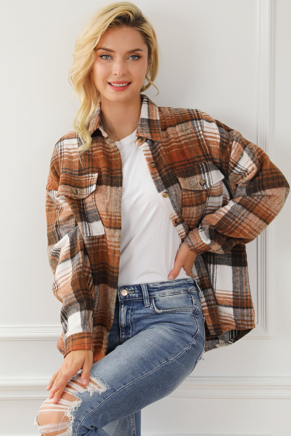 Medium Grey Plaid Flap Pockets Shacket