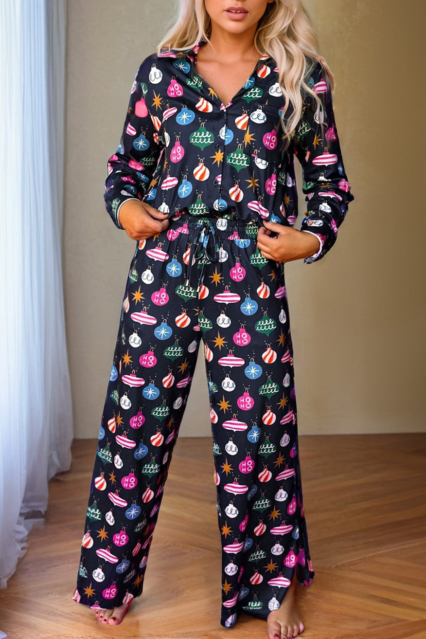 Navy Blue Colorful Christmas Lights Print Shirt and Pants Pajama Set