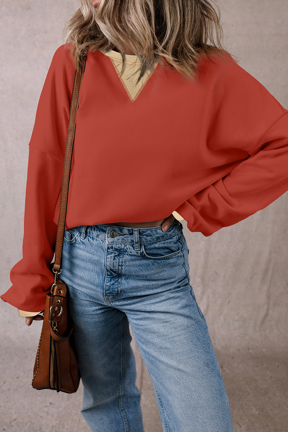 Red Clay Color Block Patch Drop Shoulder Oversized Sweatshirt