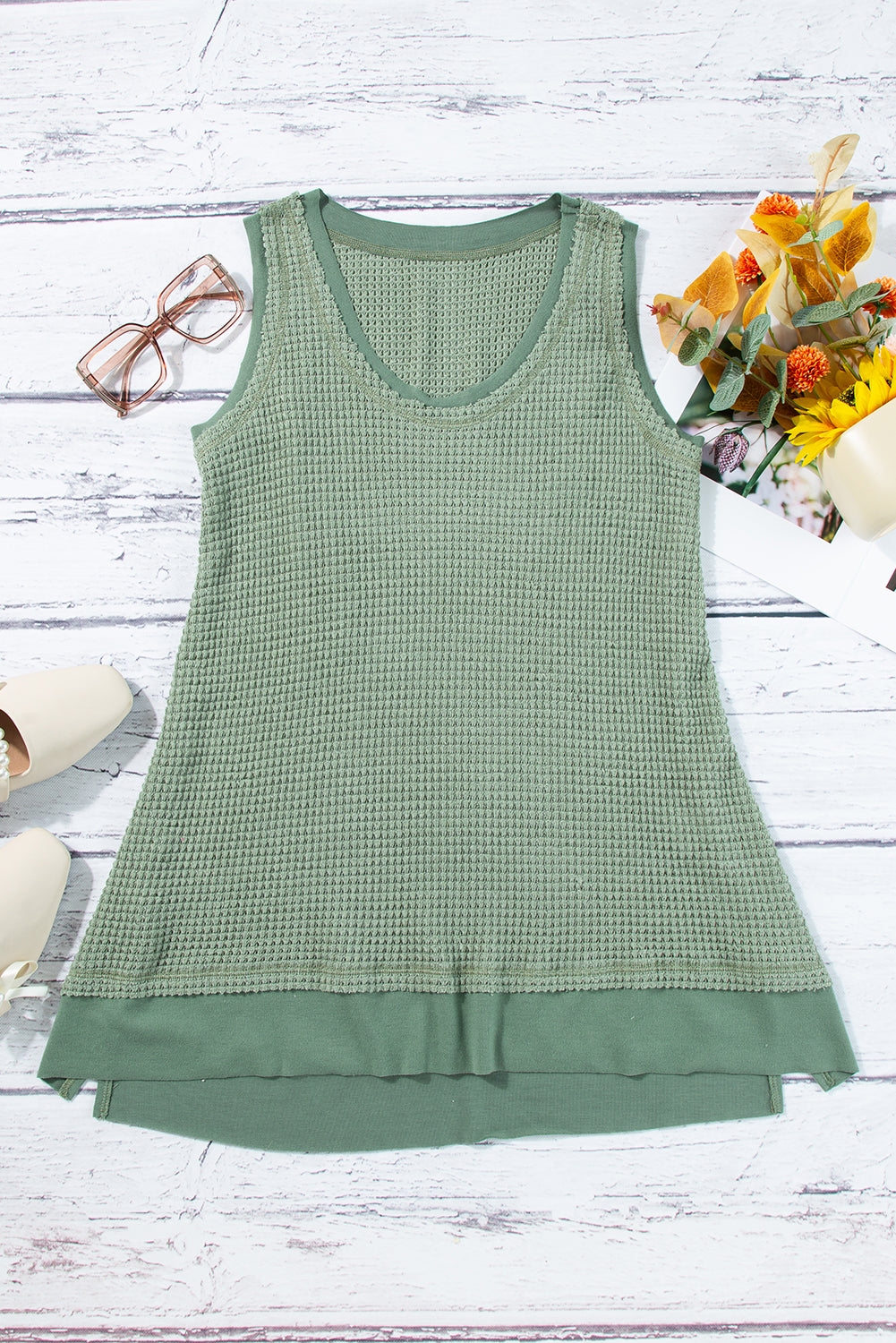 Real Teal Scoop Neck Waffle Knit Flowy Vest