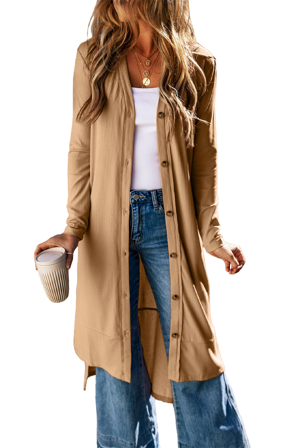 Light French Beige Ribbed Button-Up Split Duster Cardigan