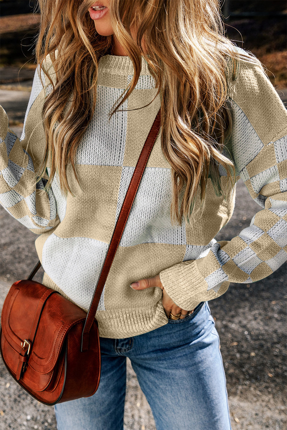 Black Checkered Print Drop Shoulder Sweater