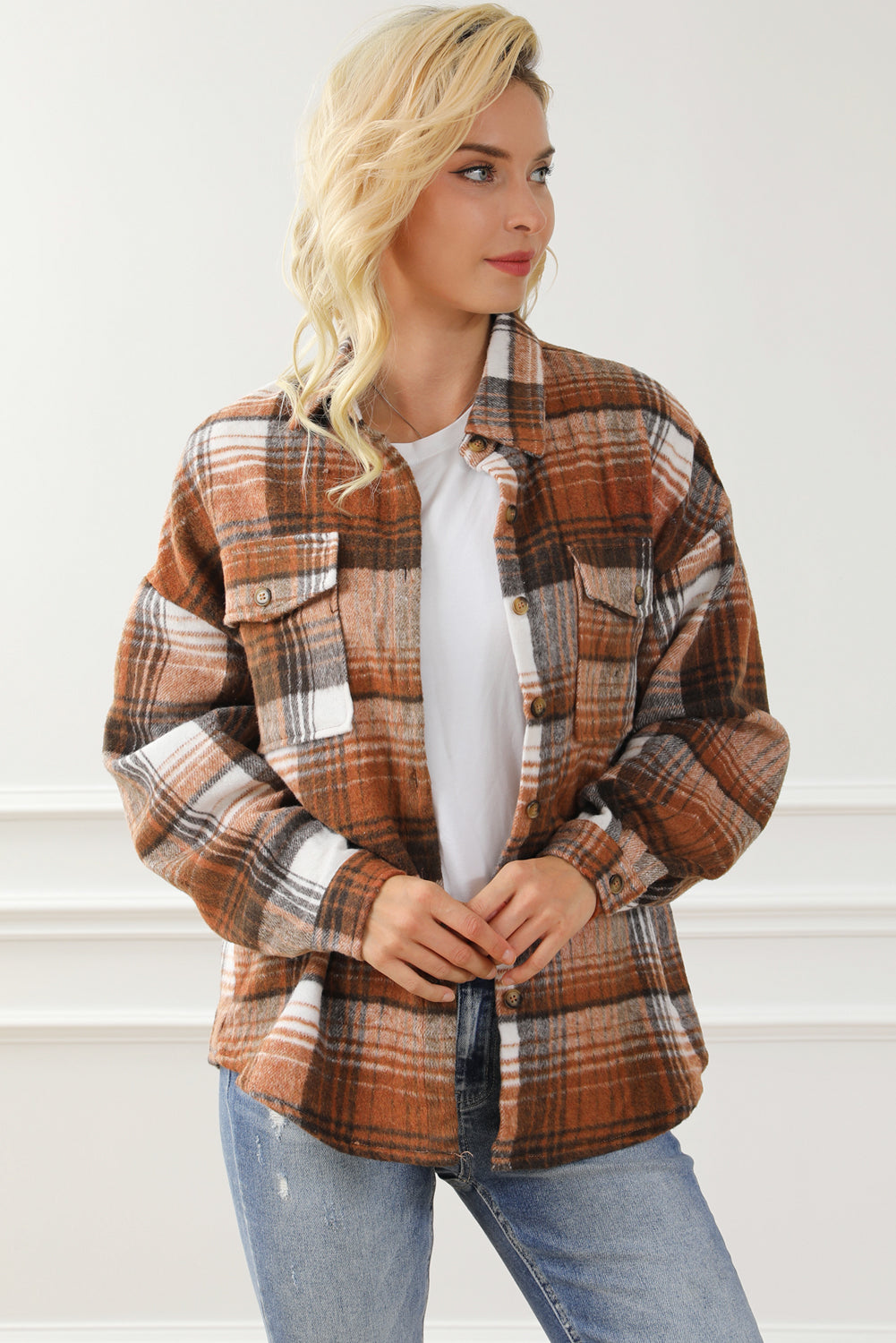 Medium Grey Plaid Flap Pockets Shacket