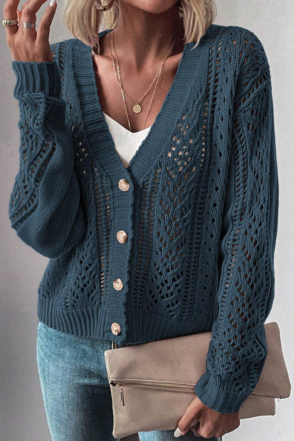 Dark Khaki Open Knit Drop Shoulder Sweater Cardigan