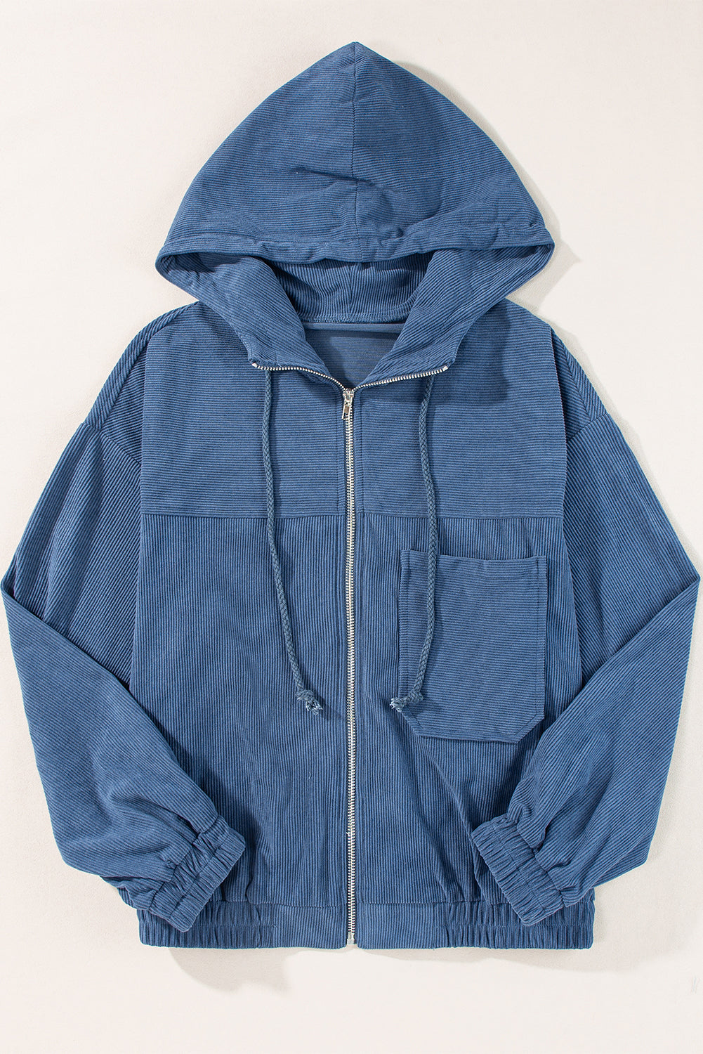 Real Teal Corduroy Drawstring Hooded Pocket Zip Up Jacket