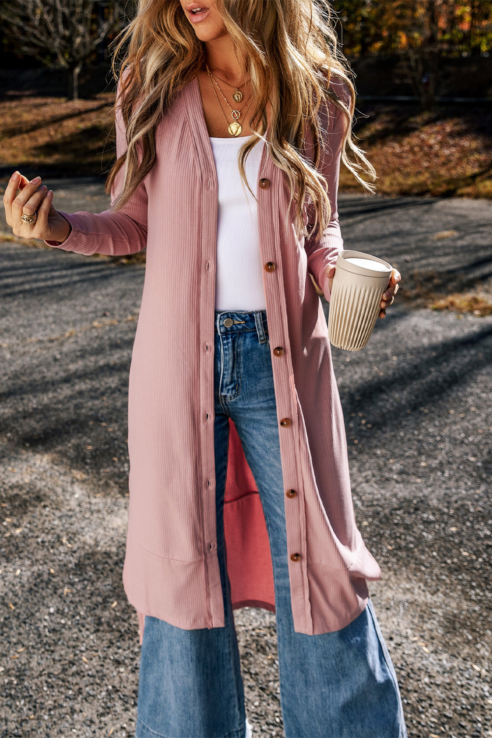 Light French Beige Ribbed Button-Up Split Duster Cardigan